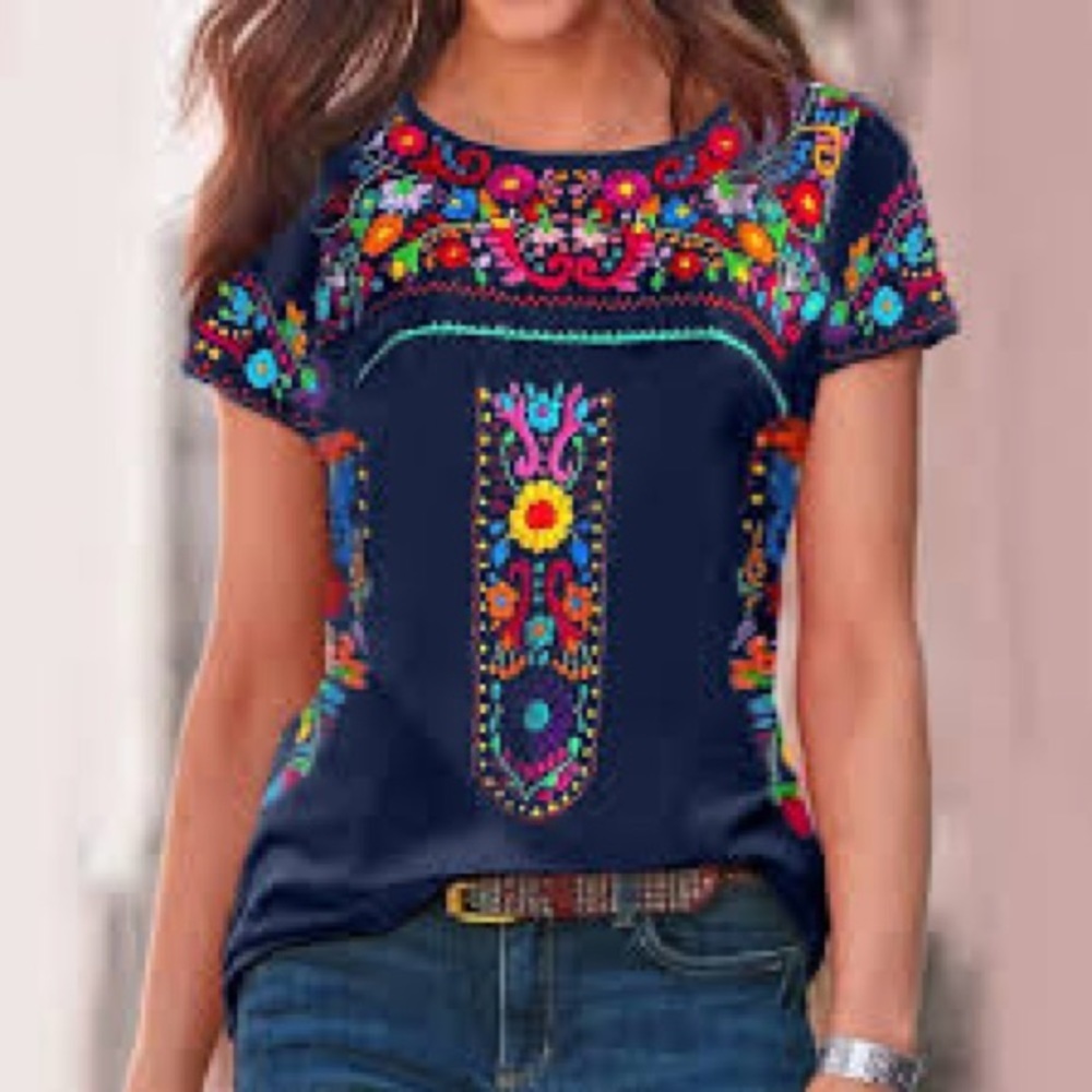 Navy Blue Floral Print Short Sleeve T-shirt